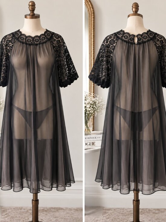Vanity Fair Other - Vintage 60s 70s Vanity Fair Black Sheer Chiffon Lace Peignoir Nightgown size 34
